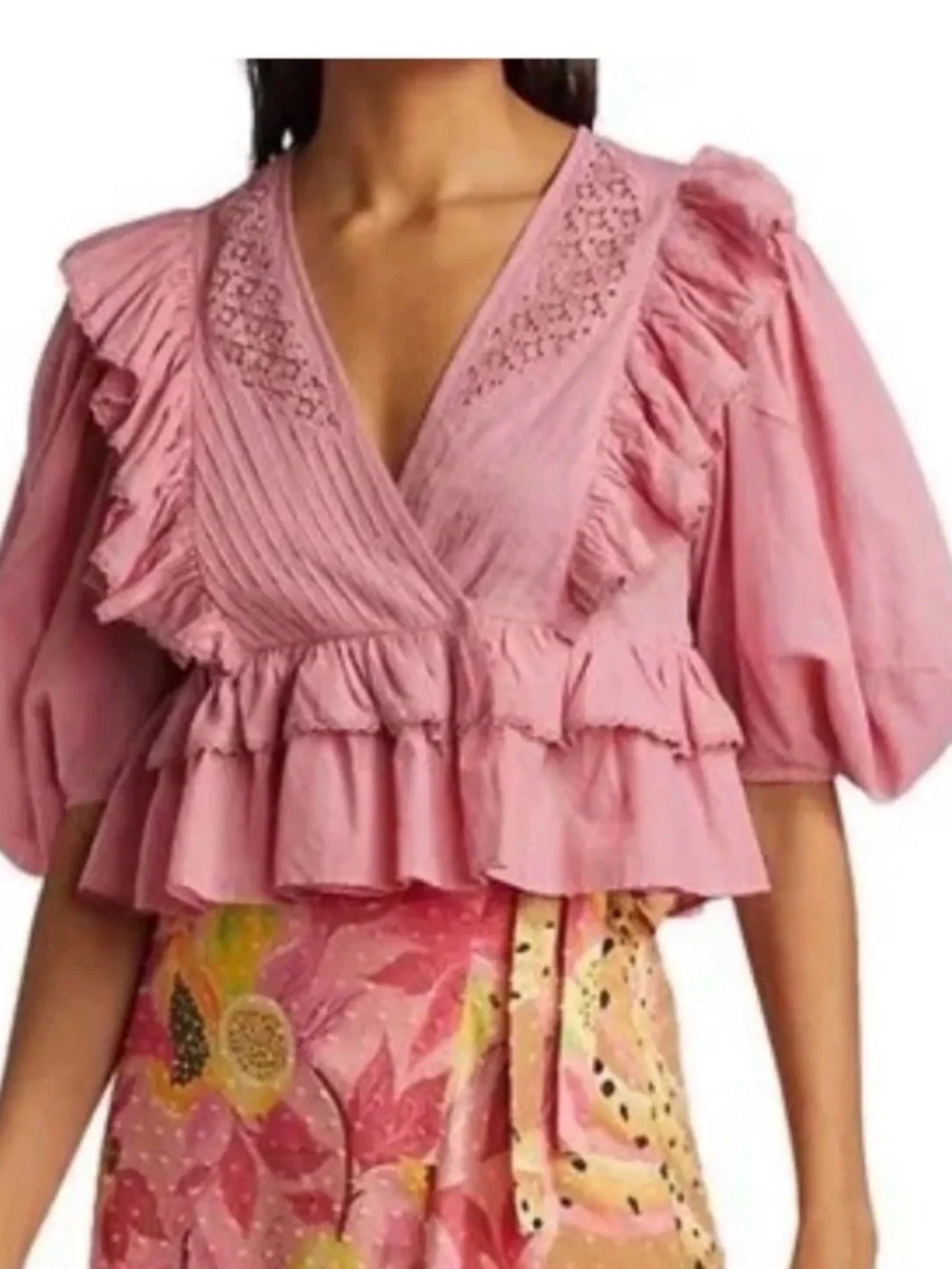 FARM Rio Puff-Sleeve  Blouse in Pink XL